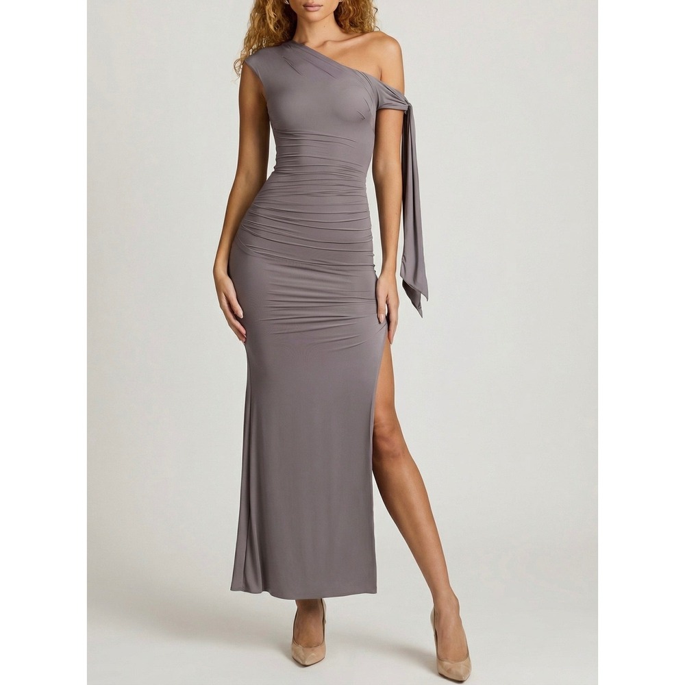 Oh Polly Steel Grey One Shoulder Ruched Maxi Dress High Split Formal Gown S New